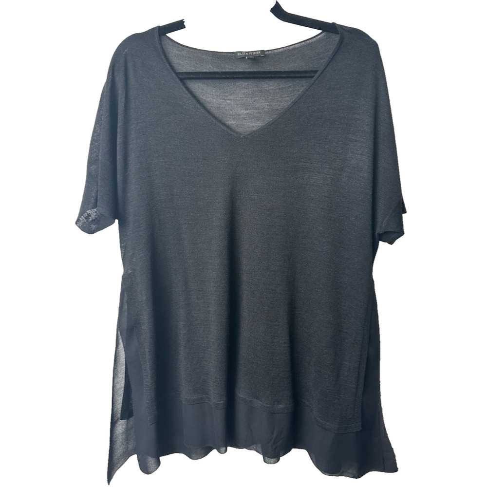 Eileen Fisher Women M Black 100% Silk V-Neck Short Sleeve T-Shirt Lightweigt B5
